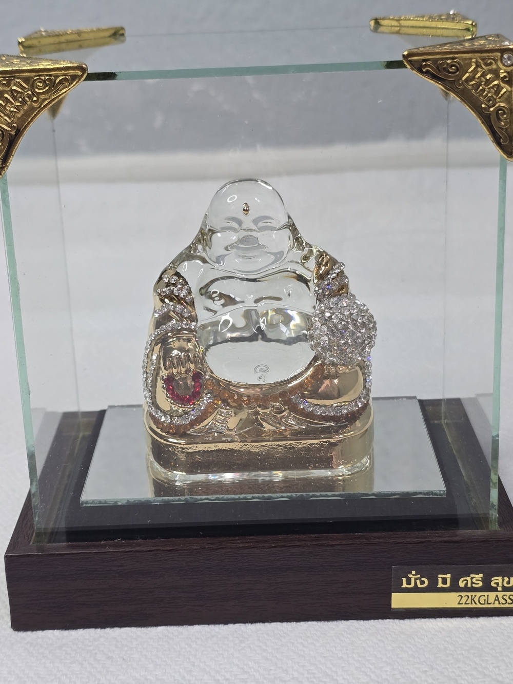 Thai 22K Gold Glass Buddha King Power Duty Free SACICT Display Case